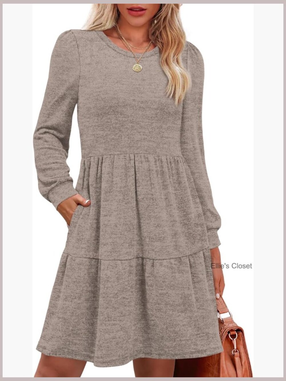 Long Sleeve Babydoll Dress with Pockets Crew Neck Casual Winter Dress